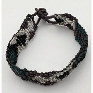 Handmade Woven Seed Bead Geometric Bracelet Plum Teal Black Silver Boho Cuff
